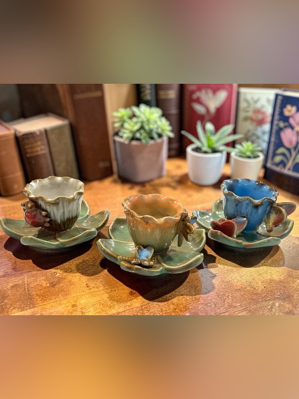 Vintage Lotus Flower Candle Holders Set Butterfly Dragonfly Ladybug Cottagecore